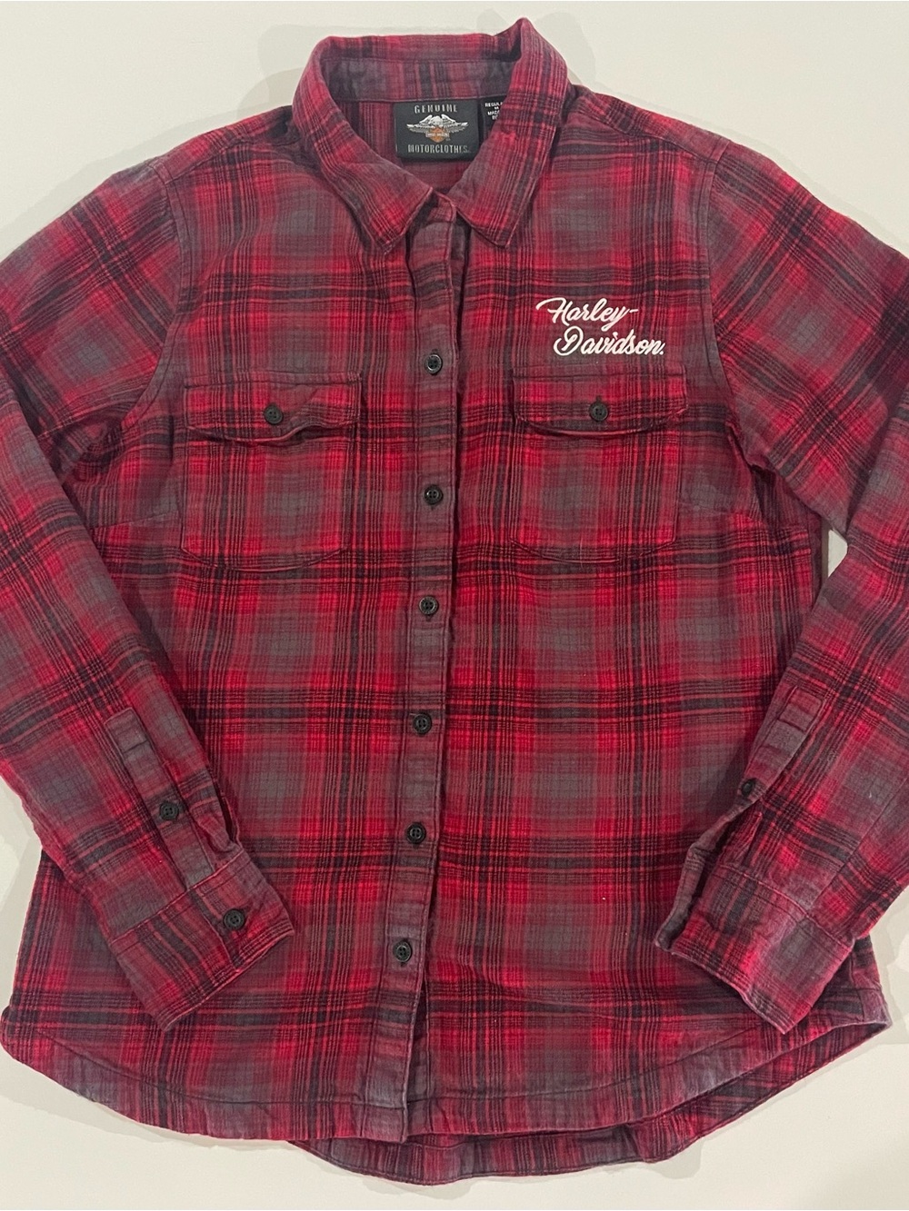 Harley-Davidson Red and Gray Plaid Flannel Button-Down Embroidered Shirt Size M